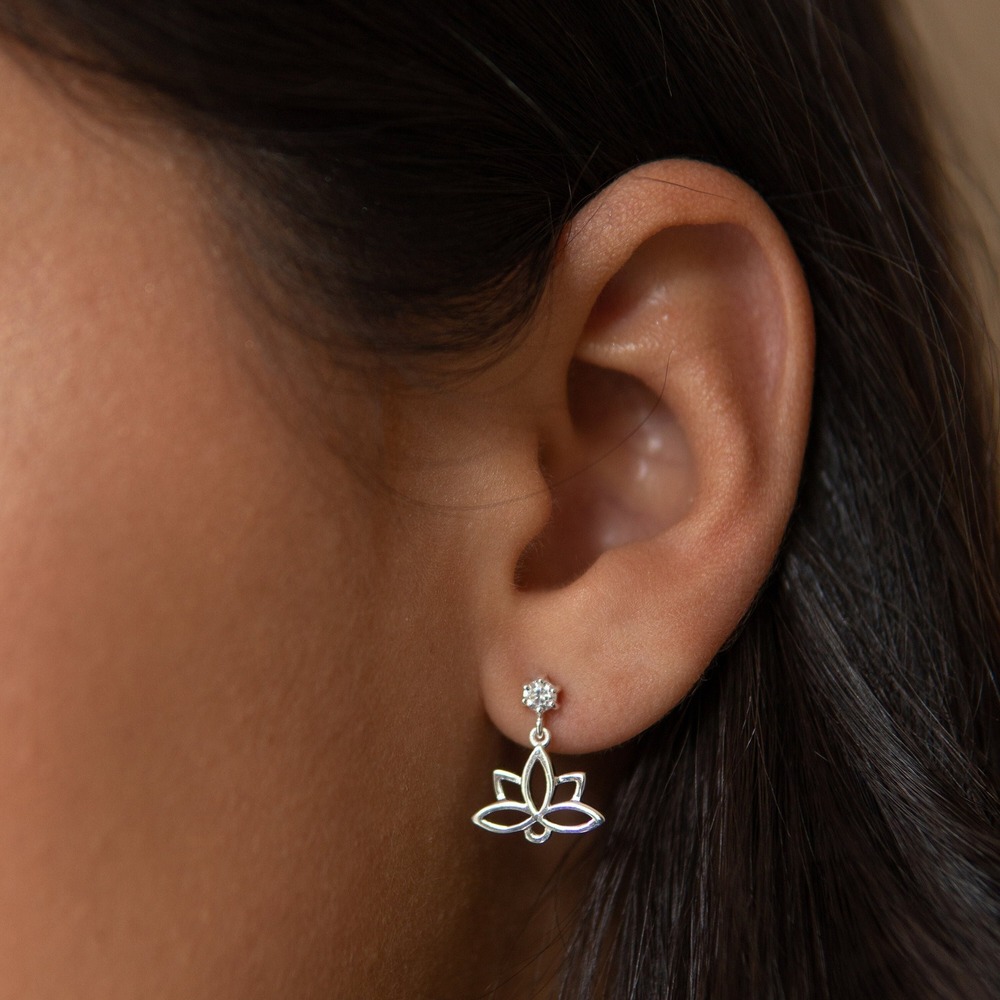 Sterling Silver Lotus Flower Dangle Earrings: CZ Floral Jewelry